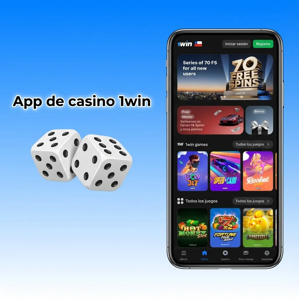 Pantalla principal de la app 1win mostrando secciones de casino, tragamonedas, casino en vivo y promociones móviles.
