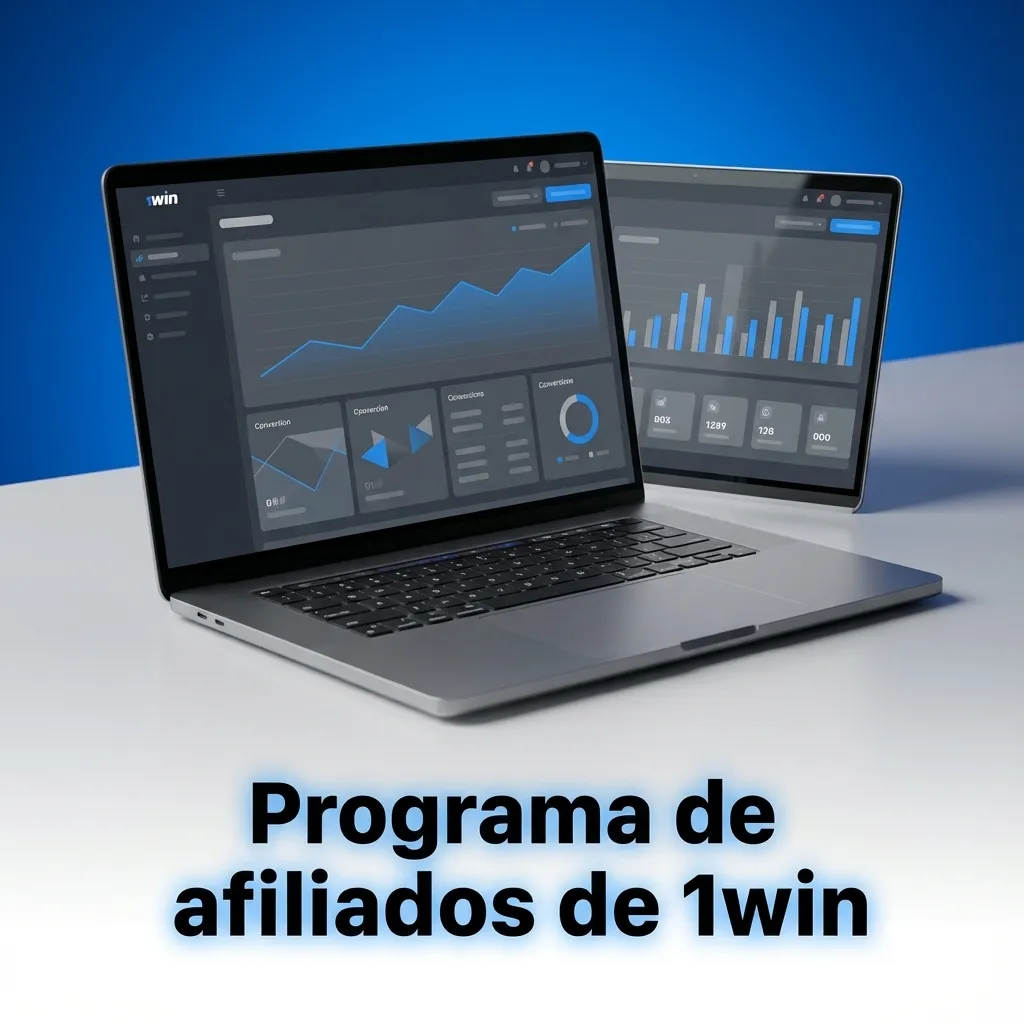 Banner del programa de afiliados de 1win con iconos de comisión, gráficas de tráfico y materiales promocionales digitales