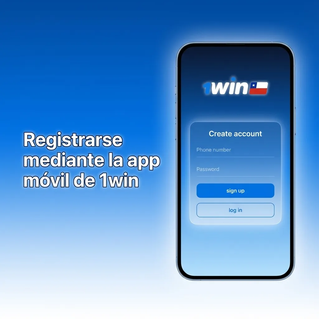 Pantalla de smartphone mostrando la app móvil de 1win con botón “Registrarse” destacado para crear cuenta desde Chile